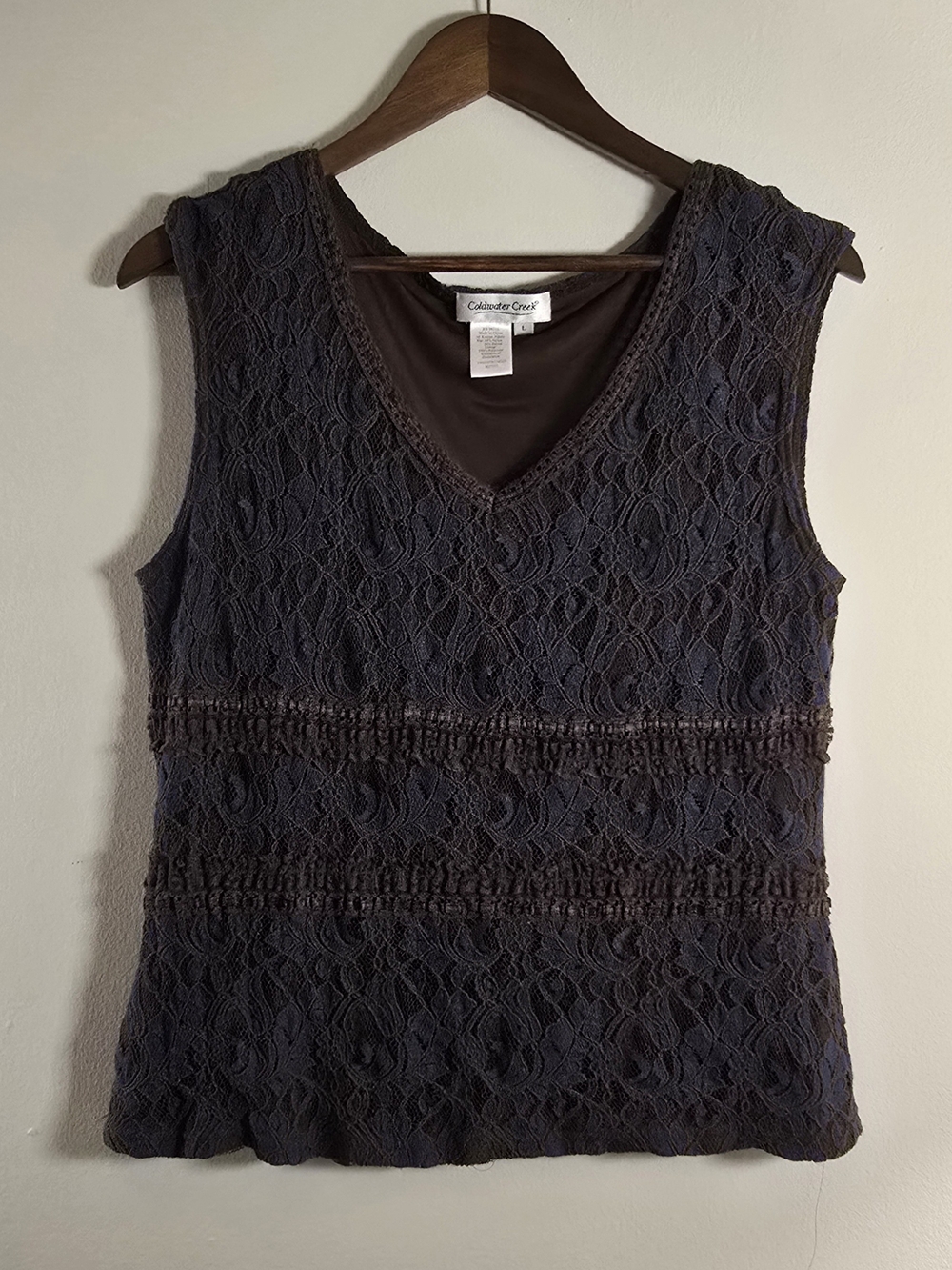 Coldwater Creek Blue Brown Floral Lace Layered V-Neck Sleeveless Shell Top L